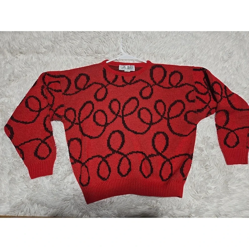 Vintage Abstract Sweater 80s S/M Pullover Knit All-Over Red GAS Great‎ American